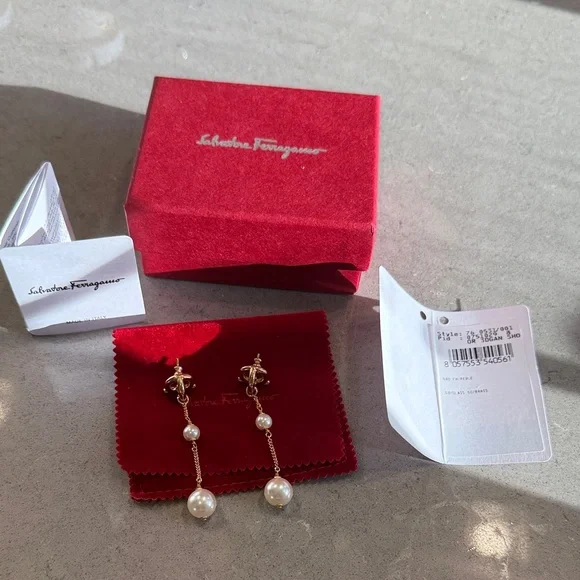 Salvatore Ferragamo Gold and White Pearl Earrings - Picture 1 of 5